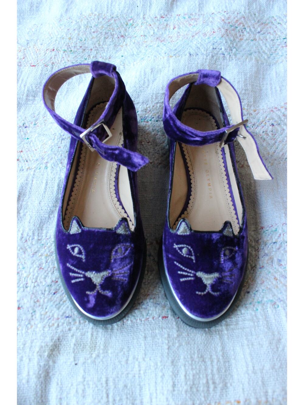 Charlotte Olympia Kitty Cat Purple Velvet Lug Ankle Strap Loafers Flats Size 36